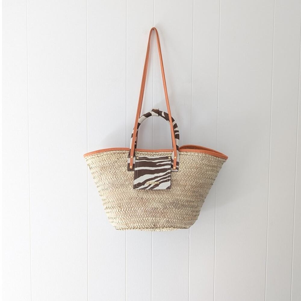 Jacquemus Beige/Orange Le Raphia 'Le Panier Soli' Hand-woven Palm Leaf Tote Bag